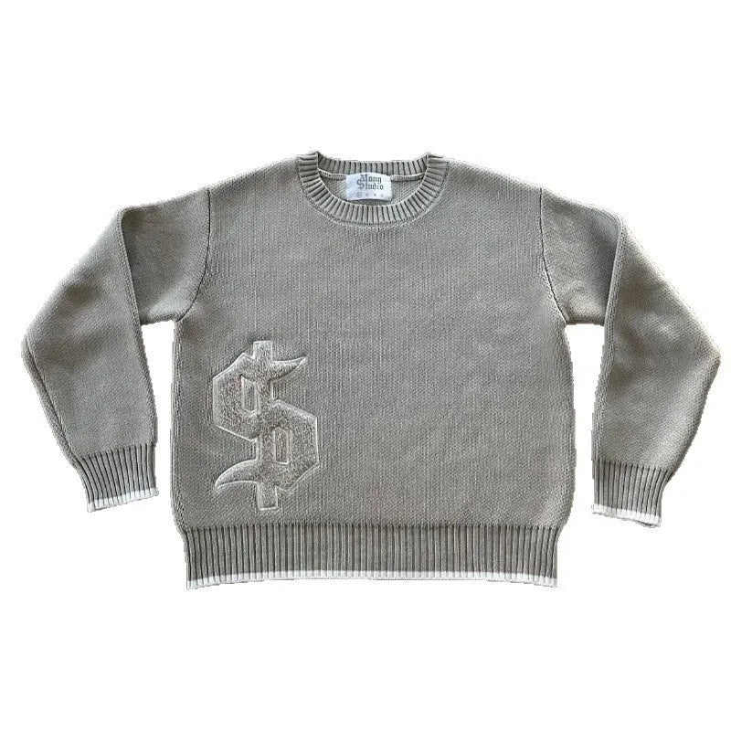 Grey jacquard loose-fitting knitwear coat with long sleeves on hanger