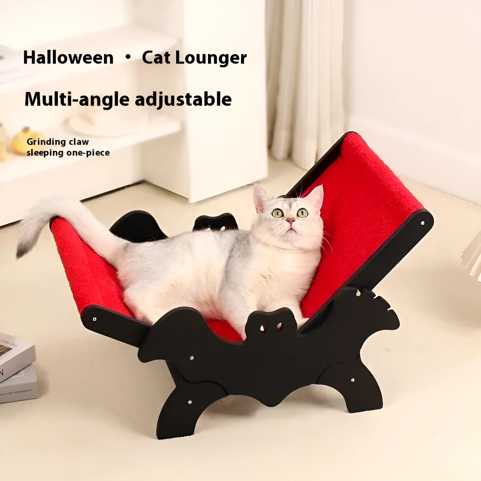 Black and red bat-shaped wooden cat recliner bed with Halloween theme