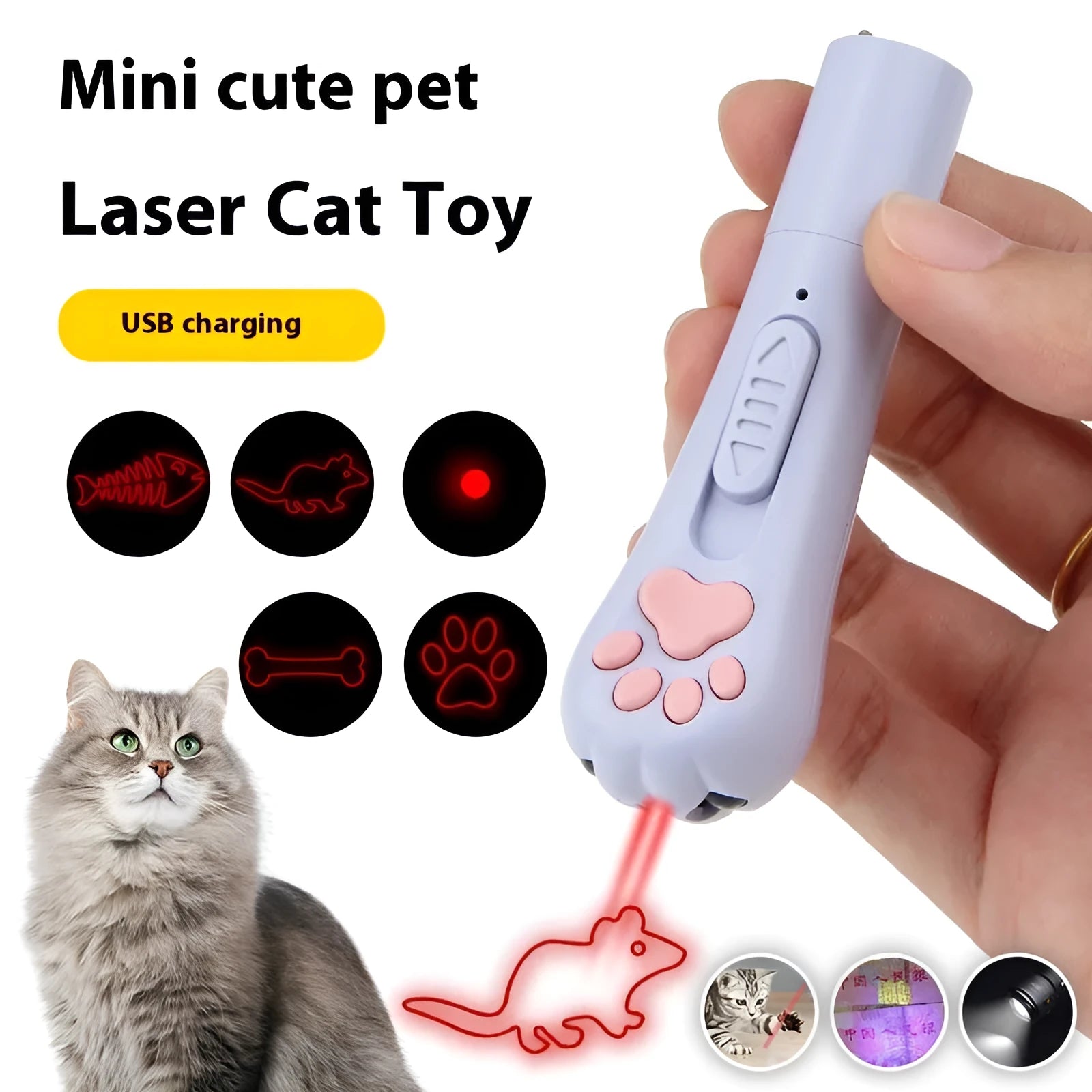 Infrared mini cat footprints charging toy with moonlight lamp in pink, blue, purple, and white options