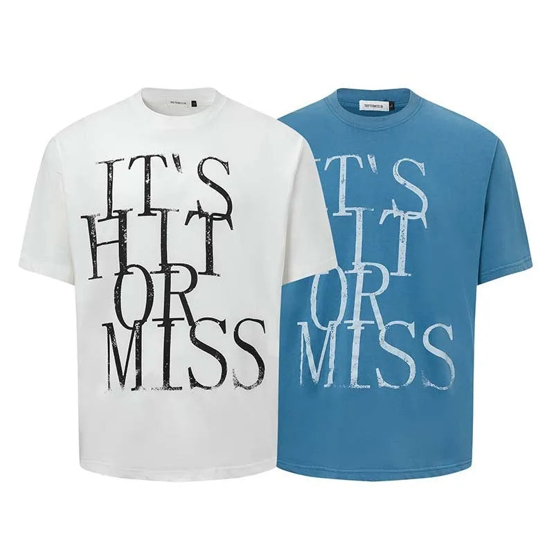 Men's blue American retro letter print cotton blend T-shirt with round neck and loose fit