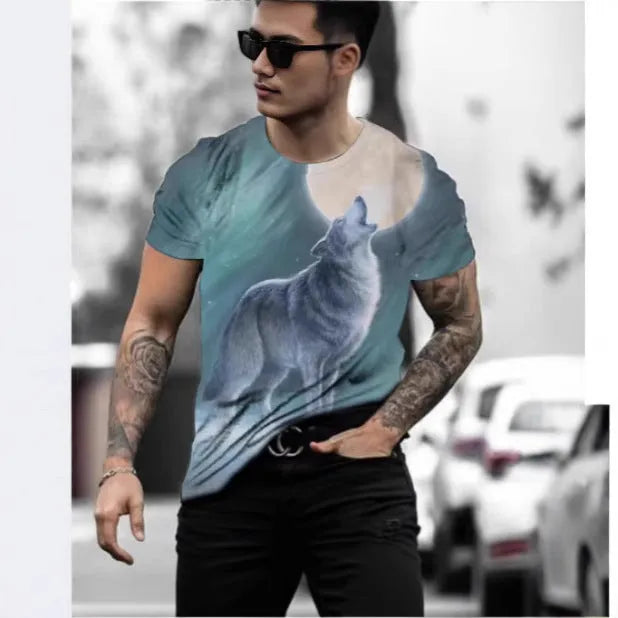 Retro 3D animal print on a men's short-sleeved grey t-shirt made of thin polyester fabric.