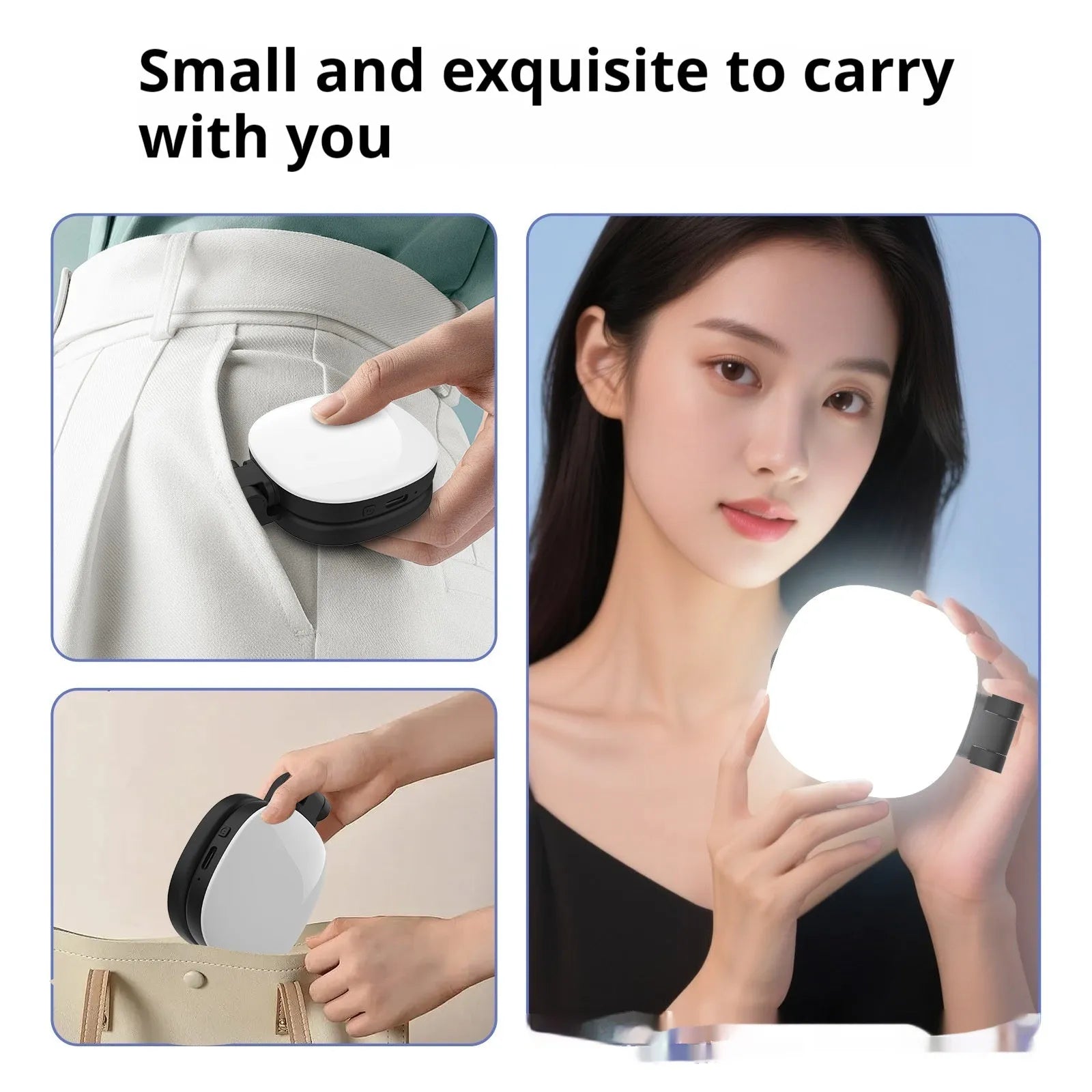 Handheld mobile phone selfie fill light with magnetic mount showing black and white colour options