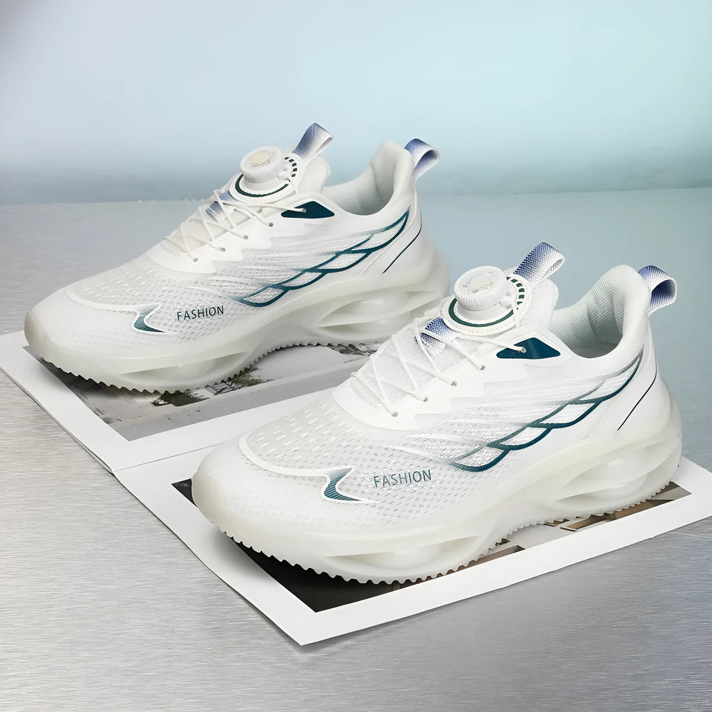 Breathable casual running shoes in sky blue, black gold or white with mesh upper and rubber sole