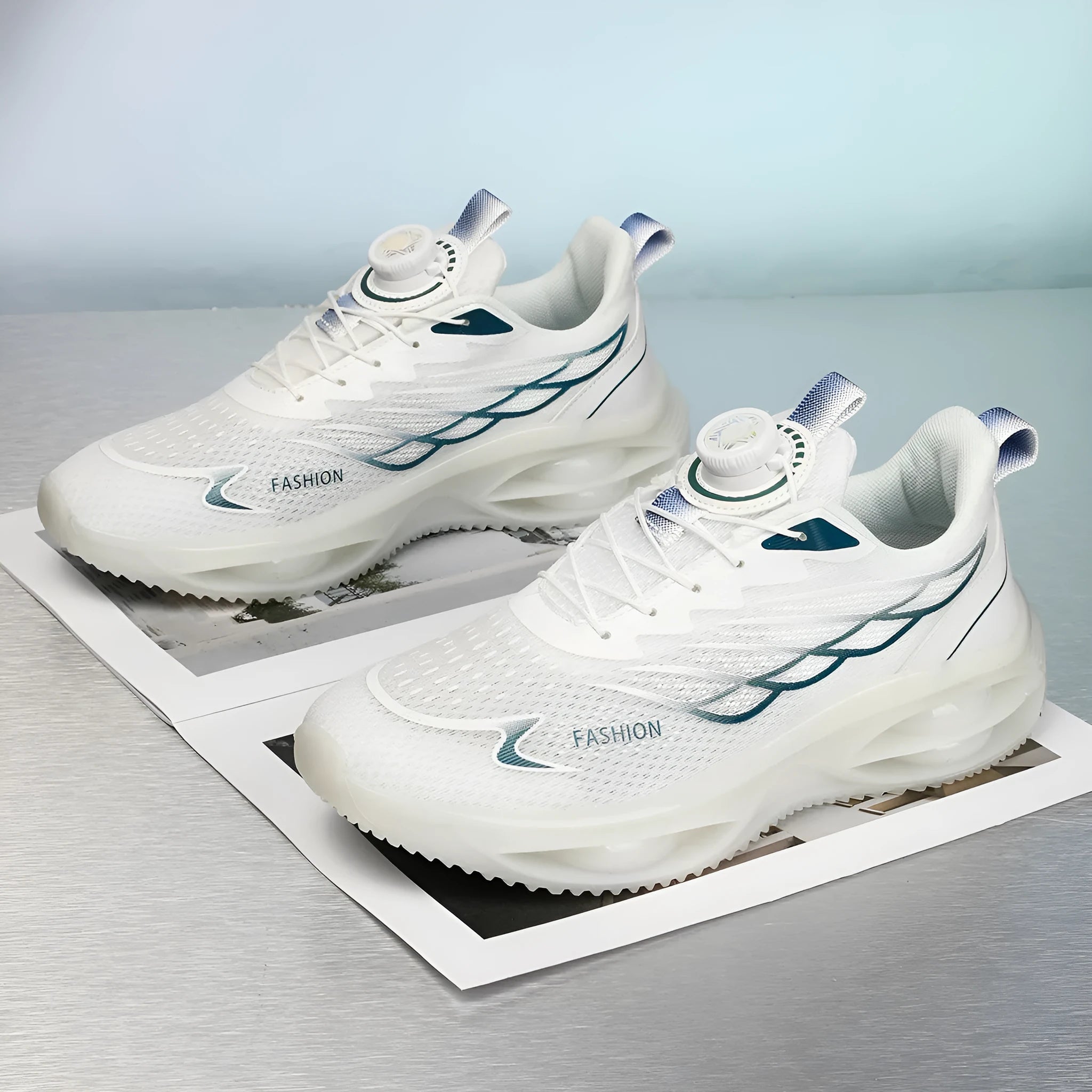 Breathable casual running shoes in sky blue, black gold or white with mesh upper and rubber sole