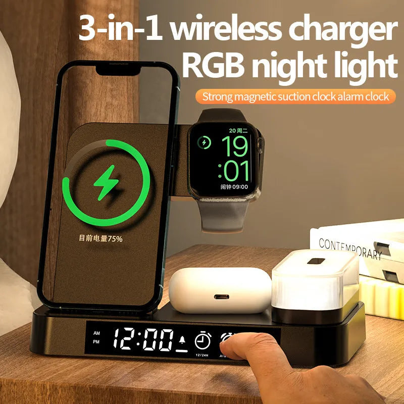 4-in-1 wireless charger station with alarm clock display and foldable stand charging a phone, headphones and watch