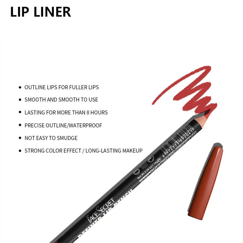 Matte finish lip liner pencil in a slim case showing one of 14 available shades, numbered 201 to 214.