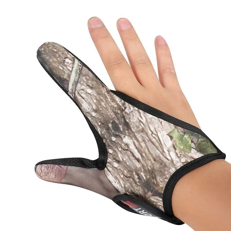 Close-up of a two-finger fishing glove with a microfiber palm and diving cloth back, shown in camouflage colour.