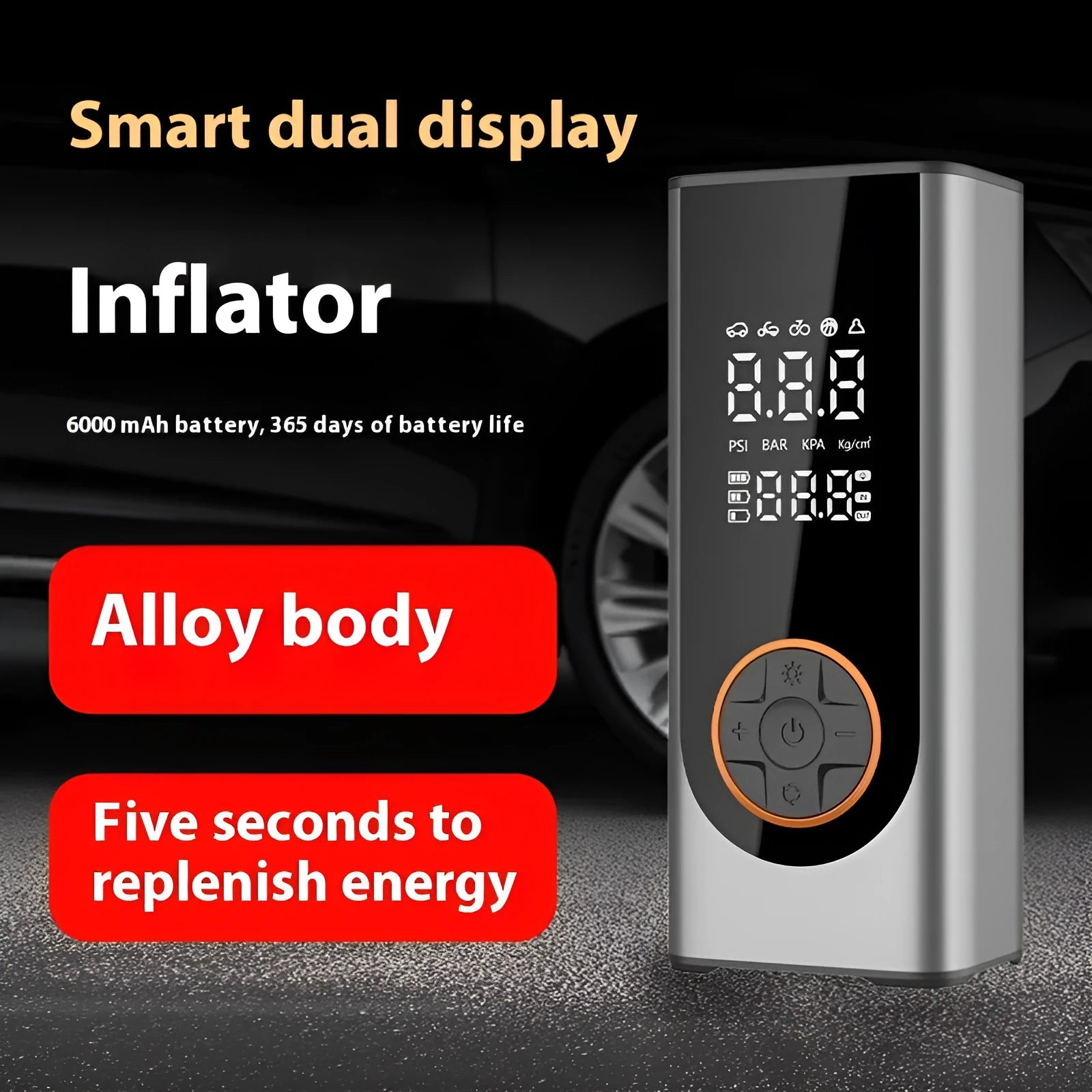 Wireless intelligent car inflator aluminium alloy black with tire pressure gauge and LED warning light