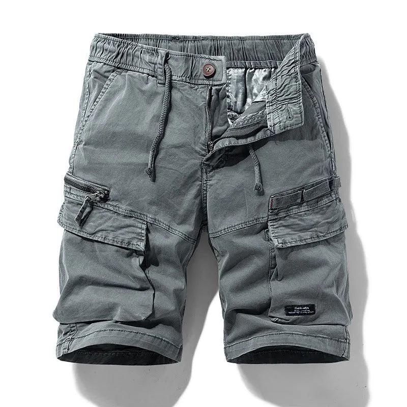 Men's army green cotton shorts with multiple zipper pockets in Korean style fifth-pants length