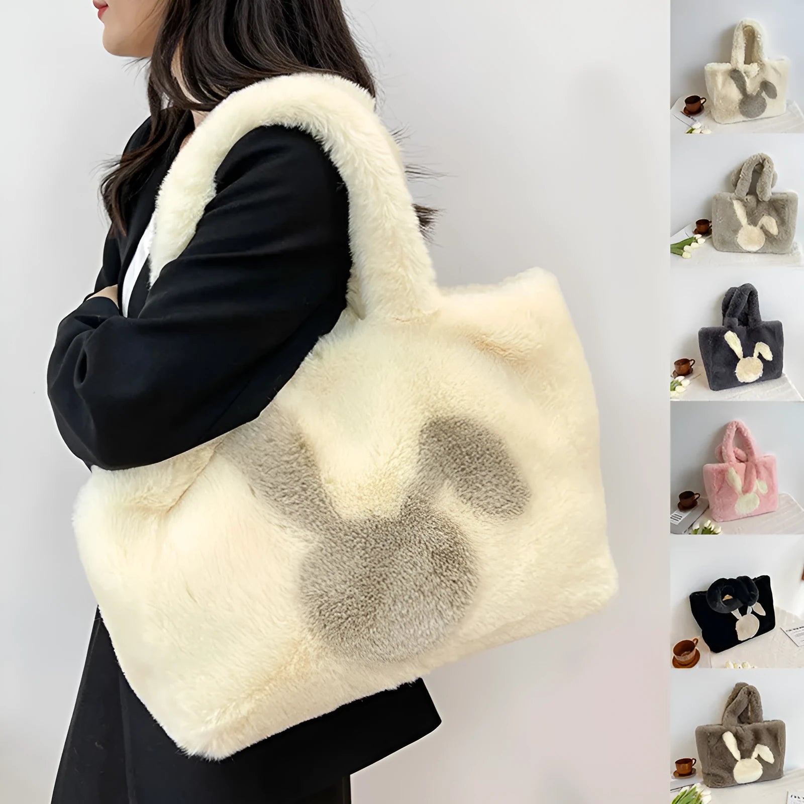 Women's plush shoulder bag with cartoon rabbit ears decoration in solid colour options