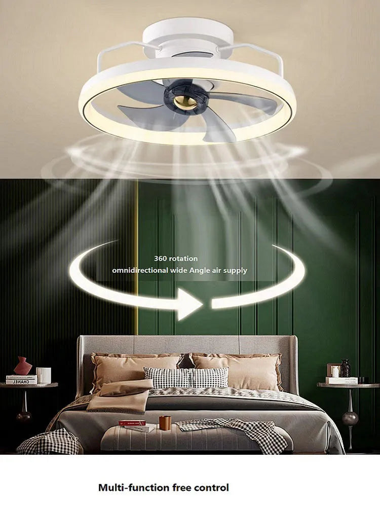 Modern white ceiling fan lamp with integrated light and five blades, shown installed on a ceiling.