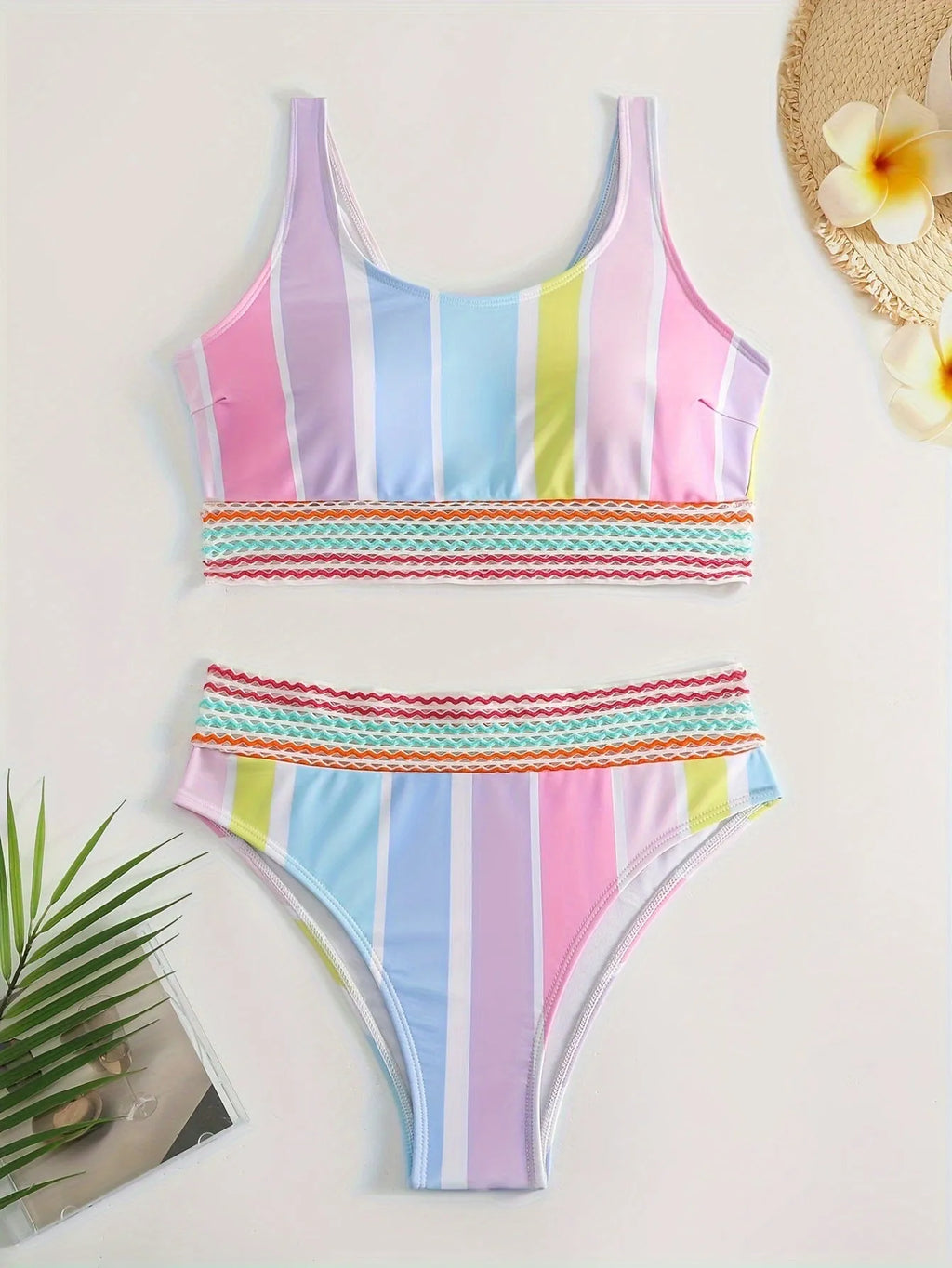 Women's striped bikini swimwear with briefs style in polyester spandex fabric