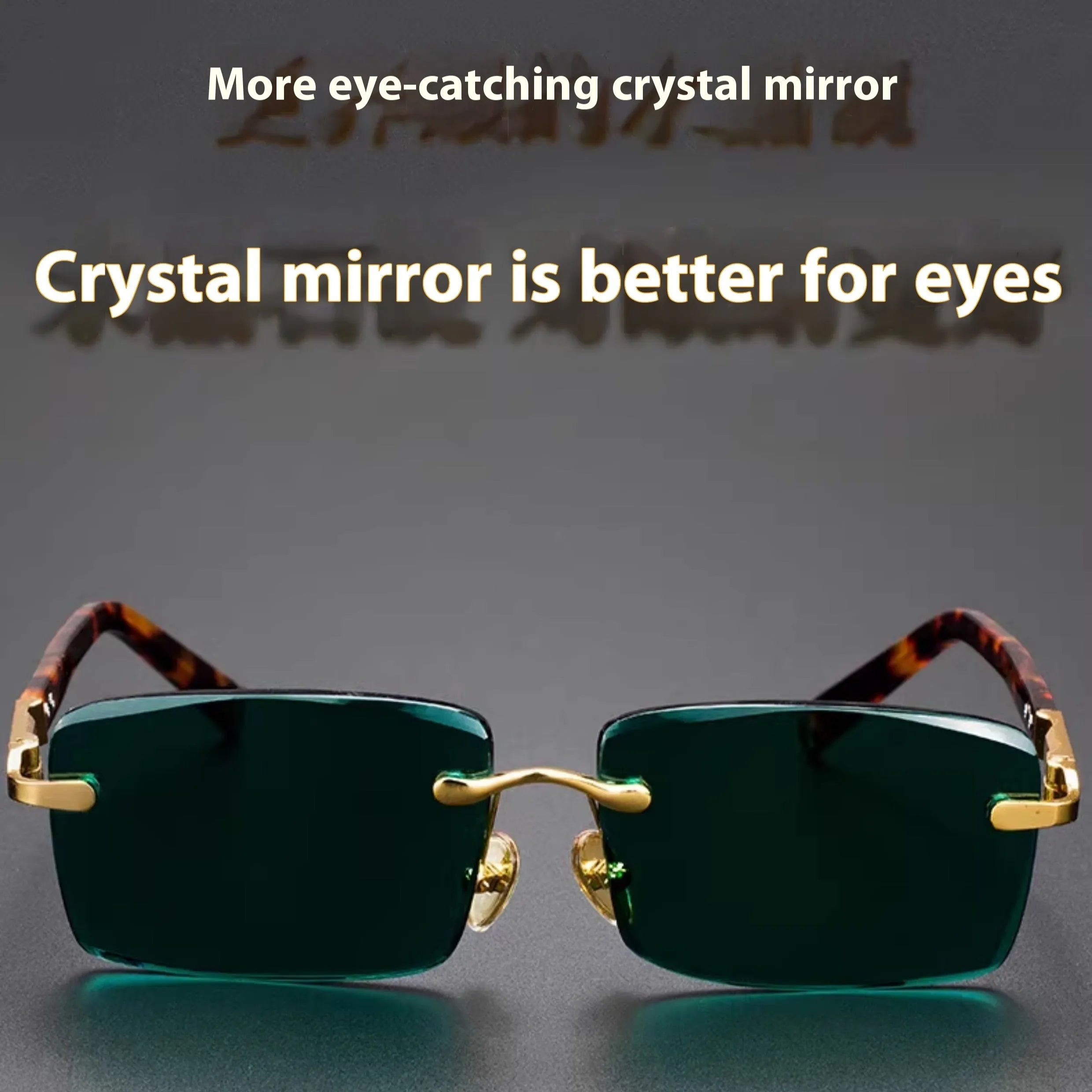 A pair of frameless dark green crystal sunglasses with a hard case and lens cloth.