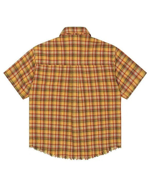 Yellow grid pattern plaid short sleeve shirt with embroidered pocket and loose fit