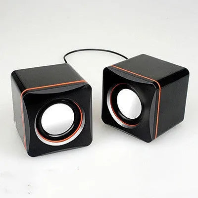 Black square USB-powered 2.0 computer speakers for desktop and laptop audio