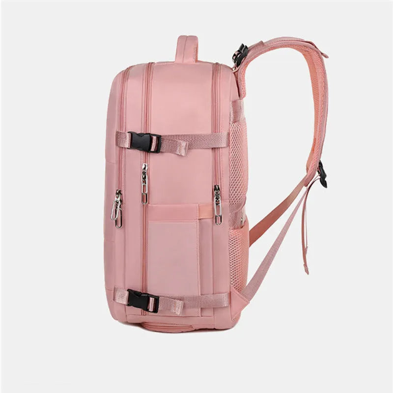 Large capacity purple travel backpack for women with laptop compartment and multiple organisational pockets
