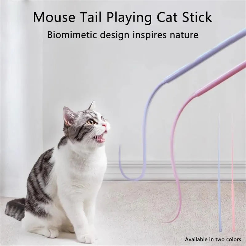 Blue silicone mouse tail cat toy stick measuring 80cm long with cat head design