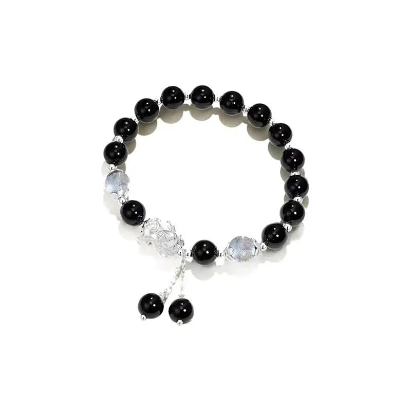 Natural black agate and opal 10mm wave shaped bracelet in gray, couple style handcrafted