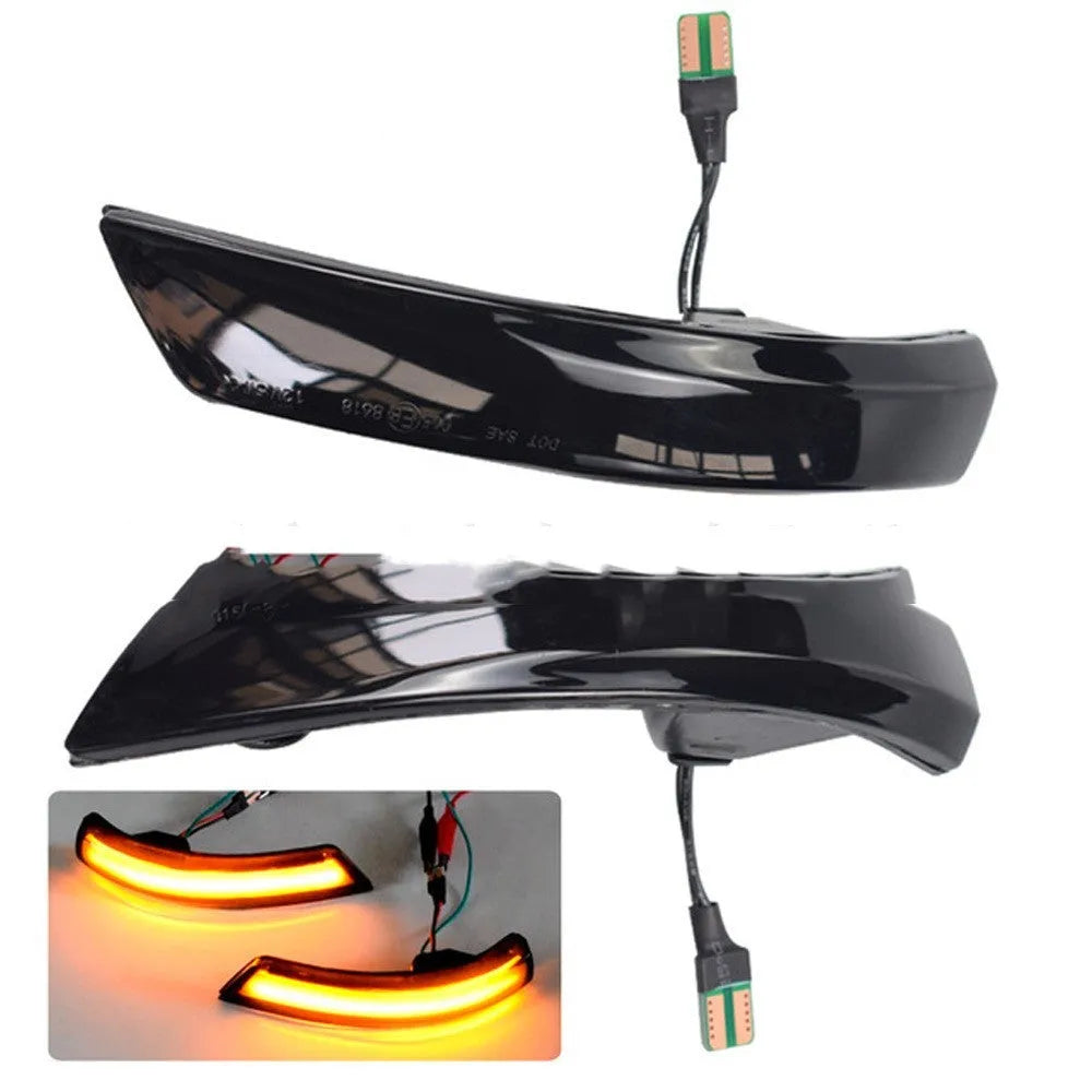 Pair of Ford Focus and Mondeo rearview mirror waterfall lights in ABS housing, showing yellow and two-tone LED options.