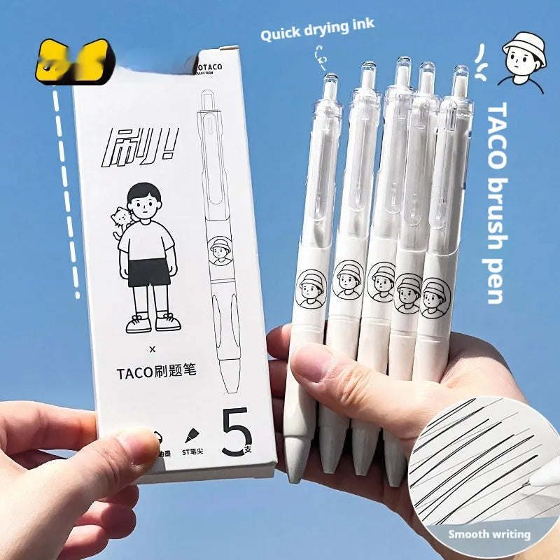Five black ink ballpoint pens with 0.5mm tips for student exam writing