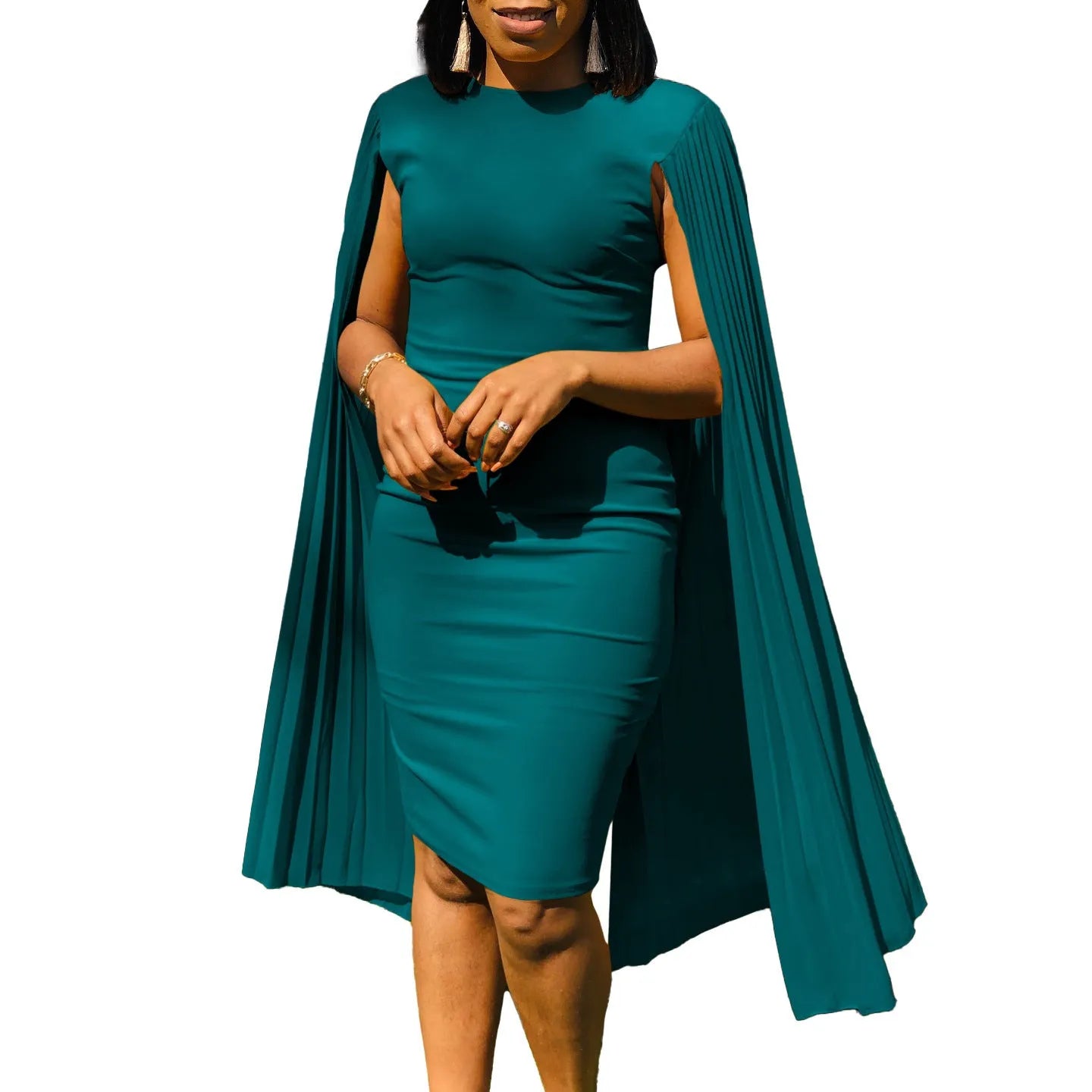 Women's high waist evening gown with pleated shawl collar and long sleeves