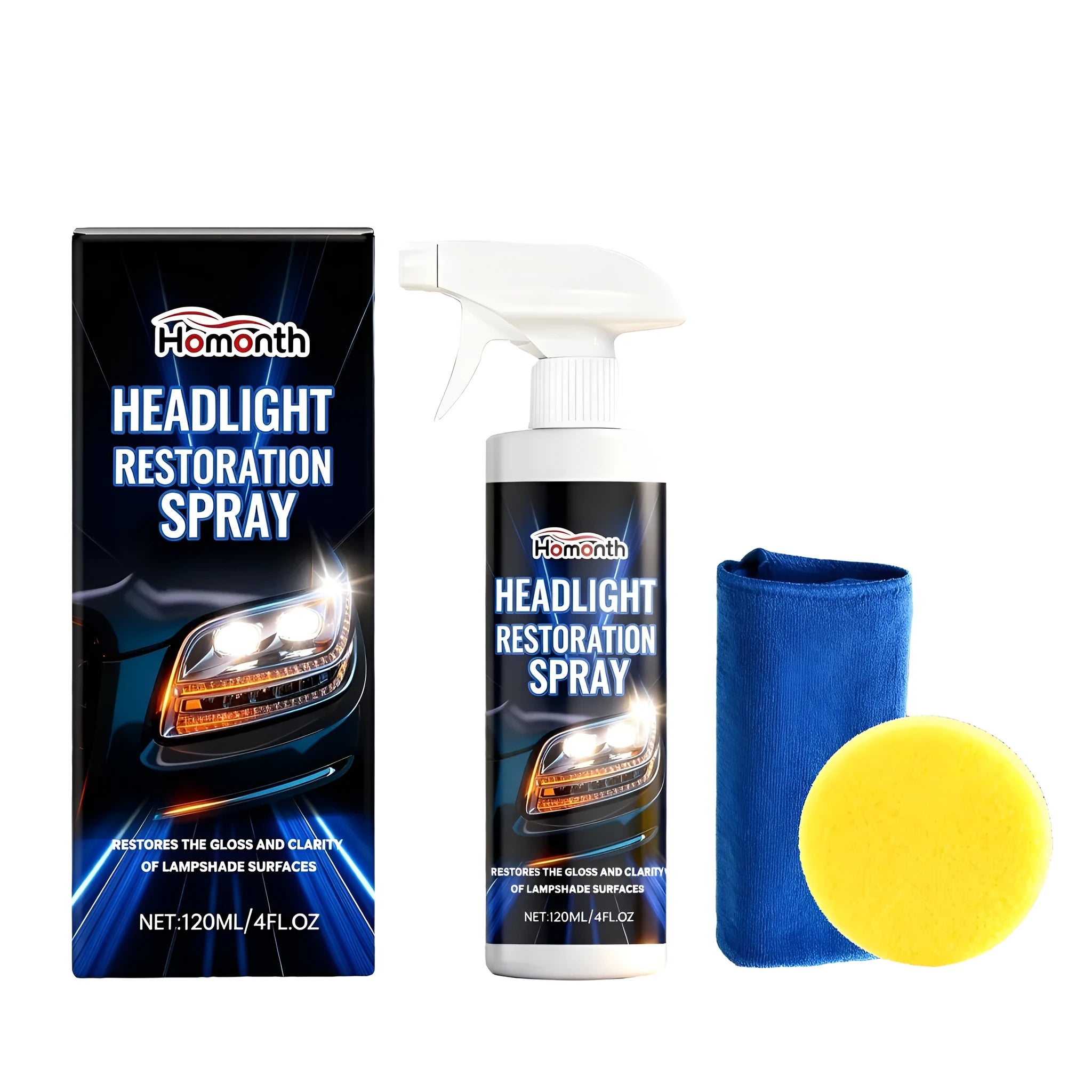 HOMONTH headlight restoration spray kit with 120ml PTFE polish bottle, sponge and polishing towel