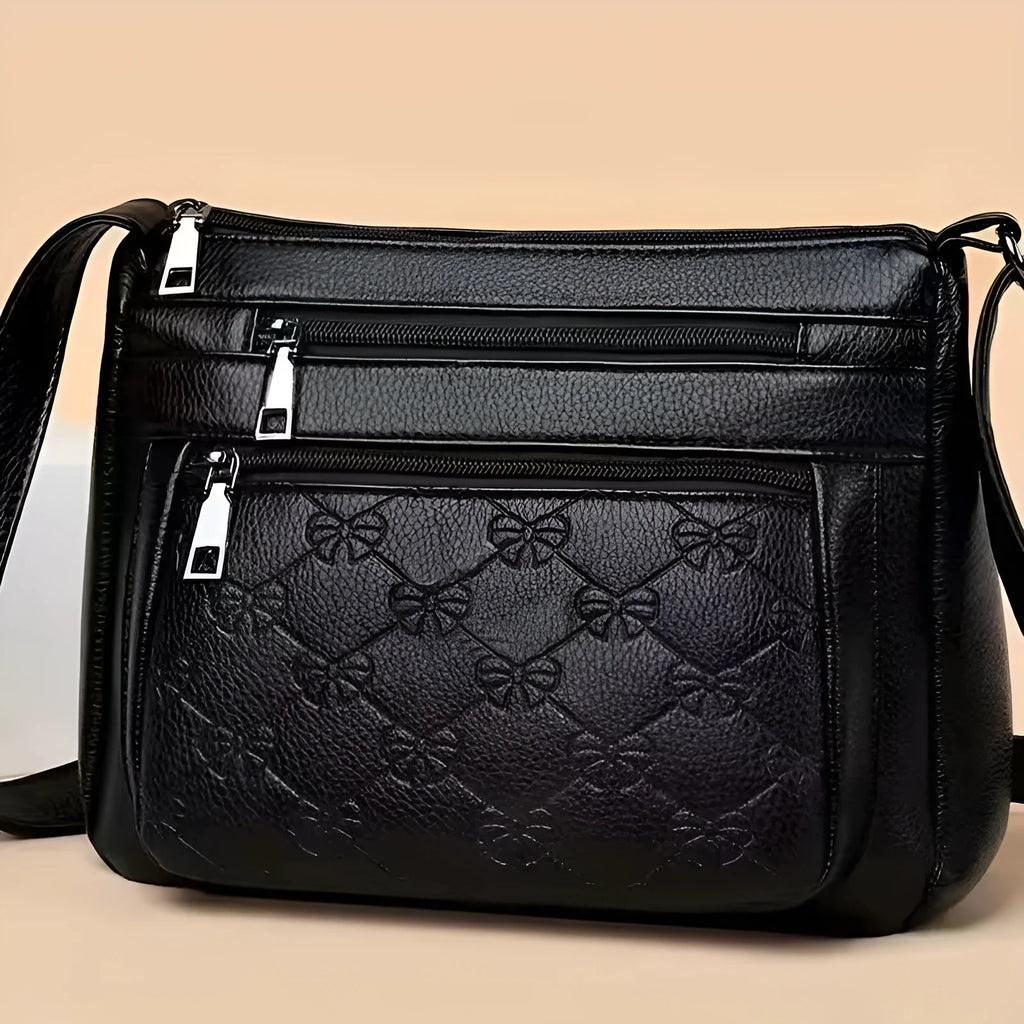 Butterfly black PU shoulder messenger bag with embossed detailing and sewing thread accents