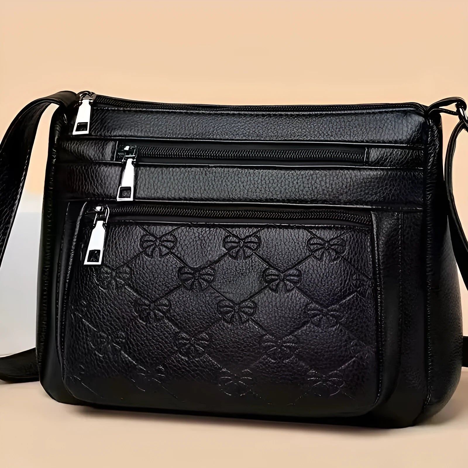 Butterfly black PU shoulder messenger bag with embossed detailing and sewing thread accents
