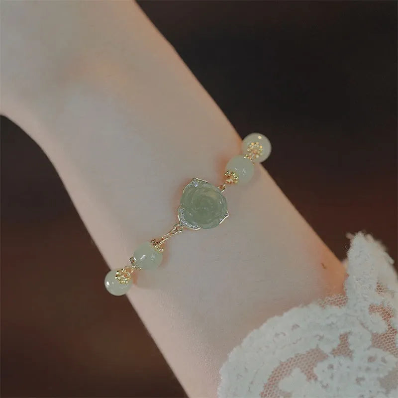 Hetian jade rose 14K gilded women's bracelet with handmade flower motif in national style