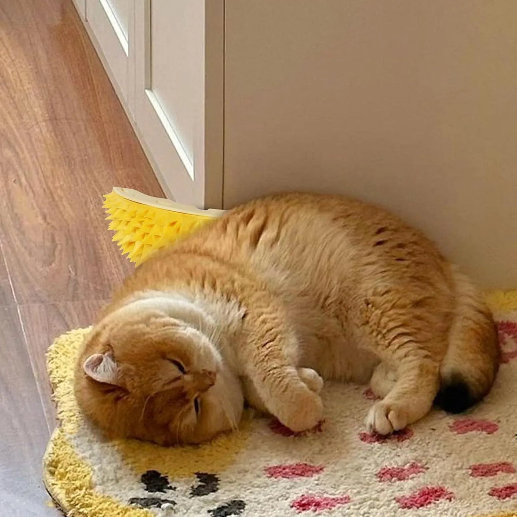 Yellow durian-shaped cat corner scratcher and massage brush mounted on a wall.