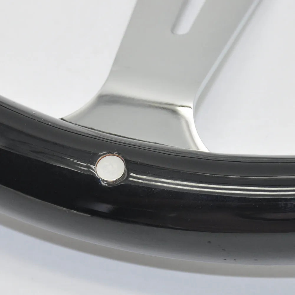 Black peach wood car steering wheel with electroplated finish, 15-inch diameter and 6-hole mount.
