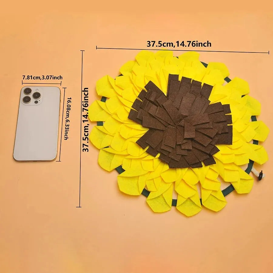 Yellow sunflower-shaped non-slip dog snuffle mat with fleece layers for slow feeding and nosework training