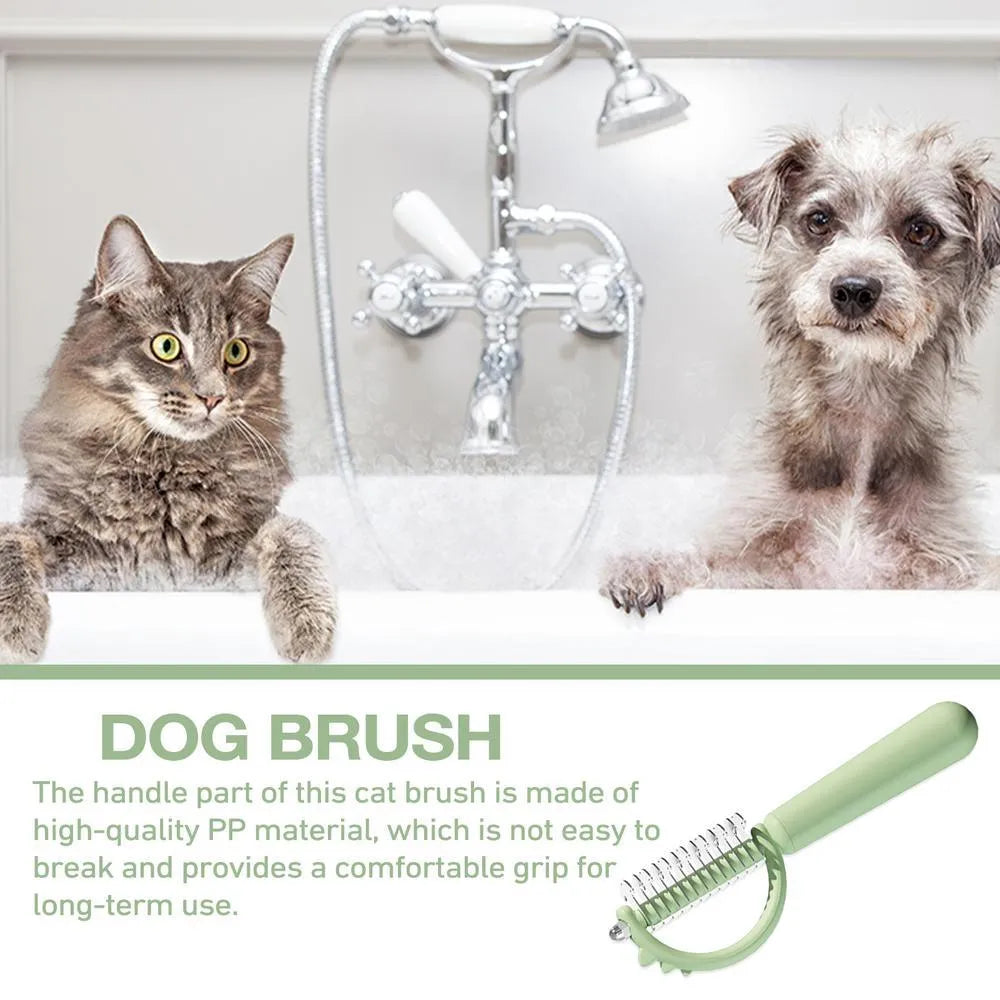 Self-cleaning slicker cat brush with dinosaur shape, double-sided for shedding and dematting, blue green white options