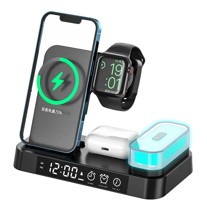 4-in-1 wireless charger station with alarm clock display and foldable stand charging a phone, headphones and watch