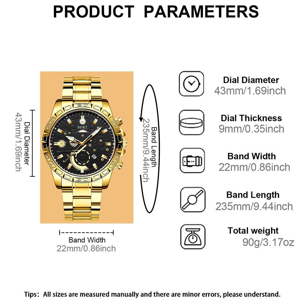 Men's gold stainless steel business quartz watch with 10mm thickness on wrist