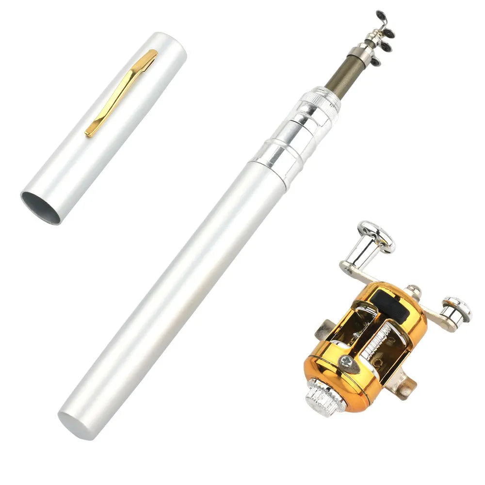 Portable telescopic pocket fishing rod extended to 1m with ST5RL fishing reel in gold colour
