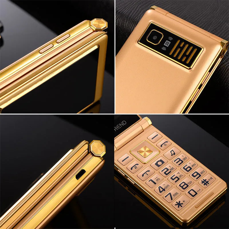 Dual screen flip phone open showing large touch display and external smaller screen on front.