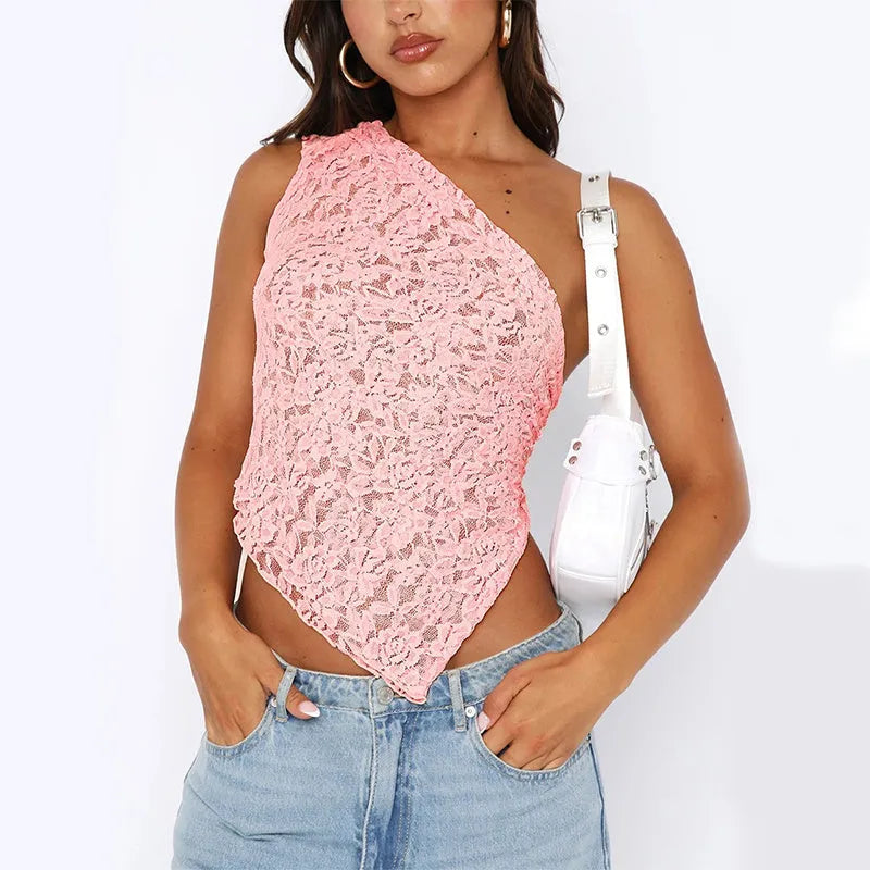Women's sleeveless lace backless vest with asymmetrical neckline in solid colour.