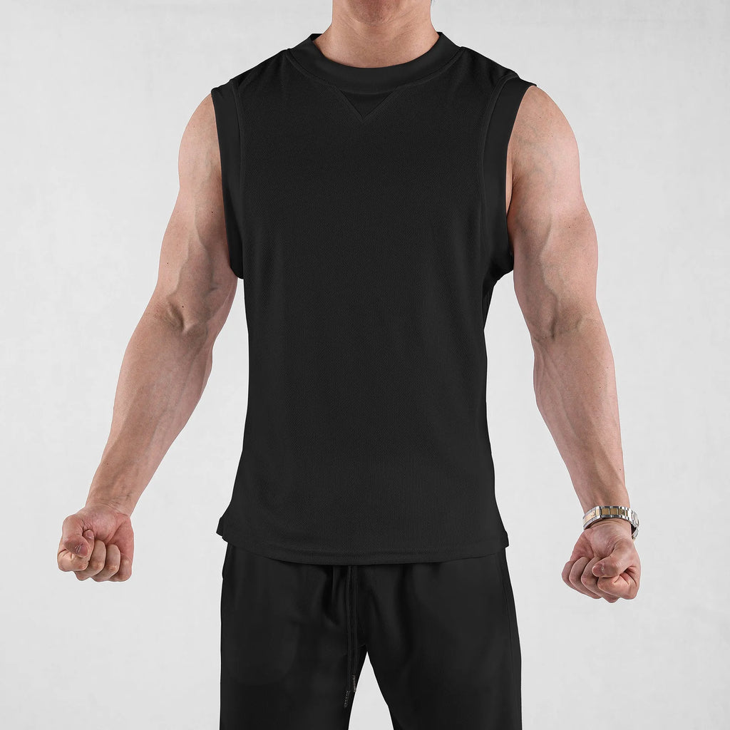 Men's loose fit fitness vest in white or black with quick-dry breathable fabric for summer sports