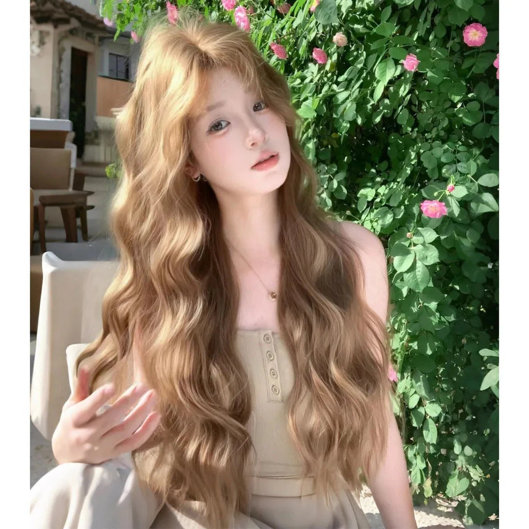 Linen brown medium long curly high temperature fibre synthetic wig with hair net