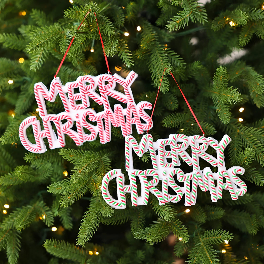 Polymer clay Christmas tree ornament with Merry Christmas letter plate, red and white colour, 8cm height