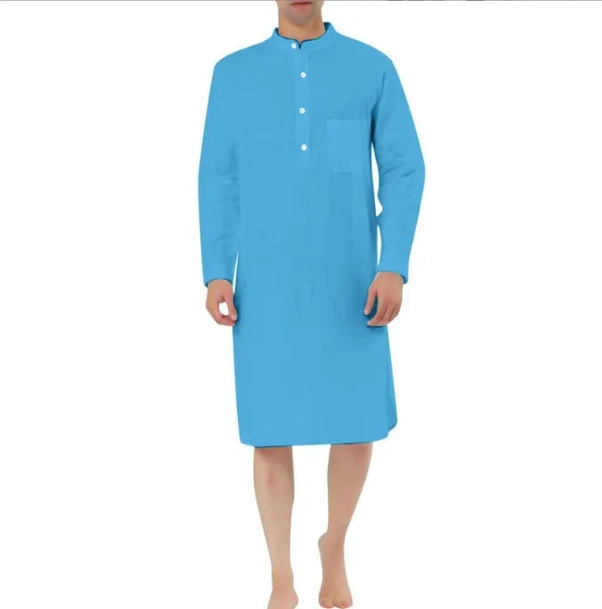Men's simple cotton shirt robe with pockets shown in one of nine available colours.