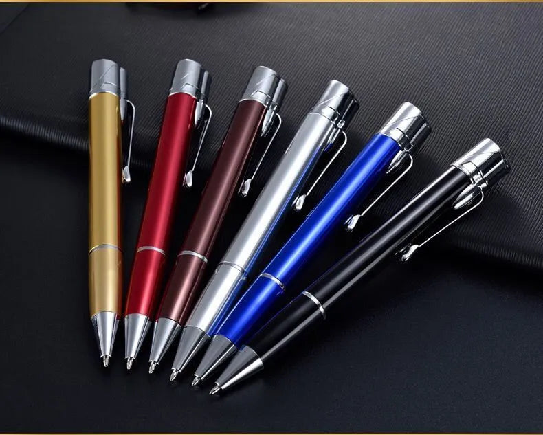 Creative metal signature pen lighter with windproof turbo jet flame in black, with pen clip and side press ignition