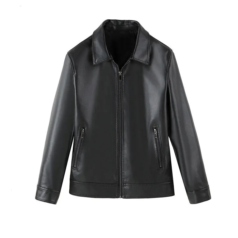 Black men's loose fit PU leather jacket with zipper pockets on a model.