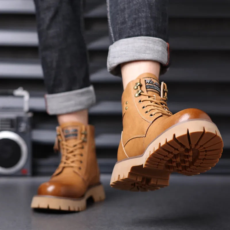 Men's brown high-top leather boots with velvet lining and side zipper, showing round toe and mid-heel design