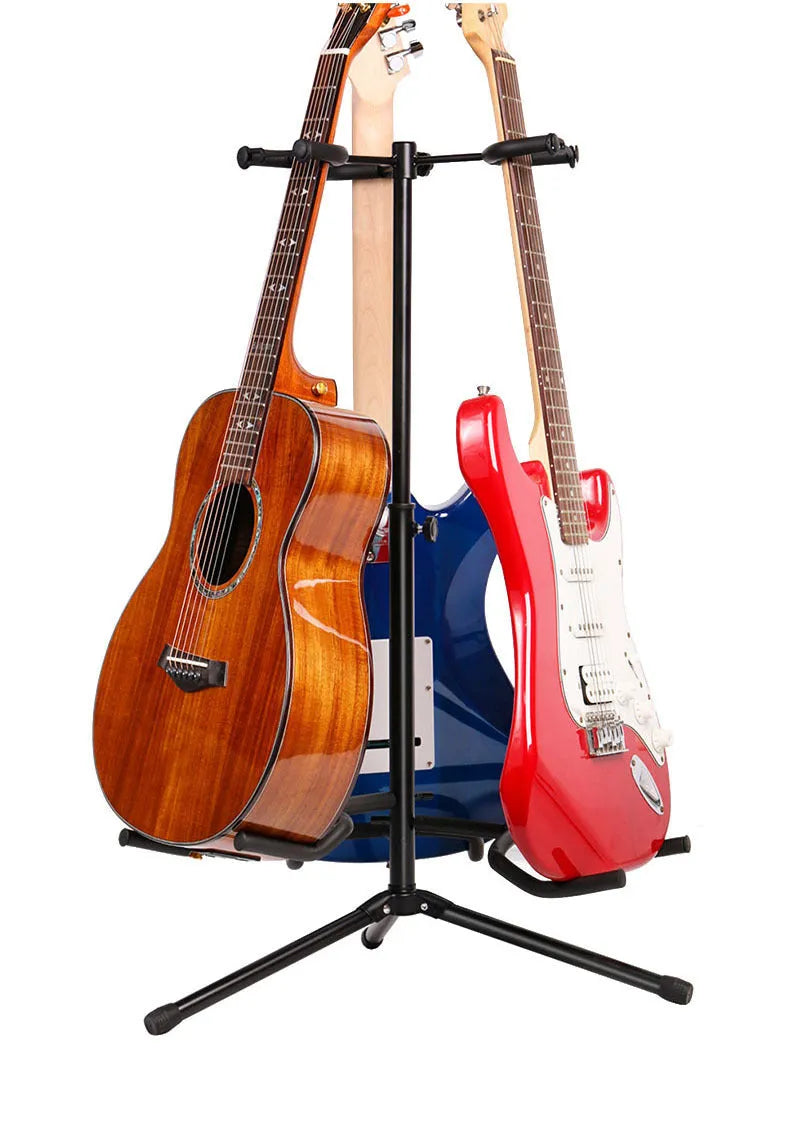 Black vertical double-headed adjustable guitar stand with foam padding on contact points