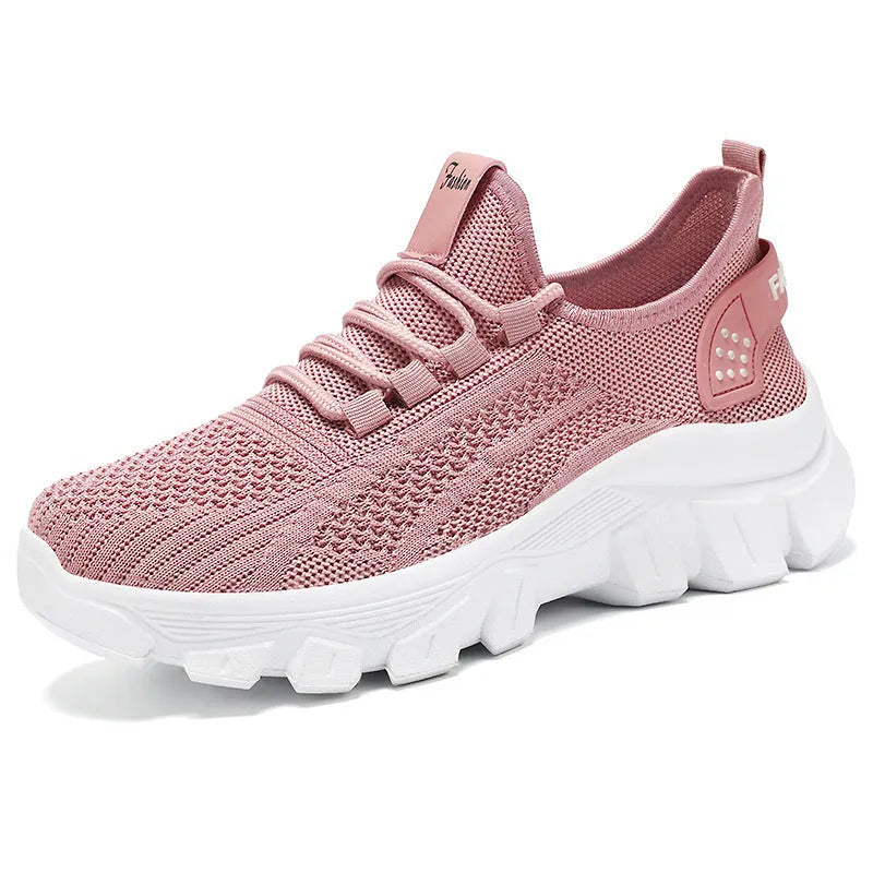 Women's Flyknit sneakers with thick PVC sole in white, pink, beige, or black colours
