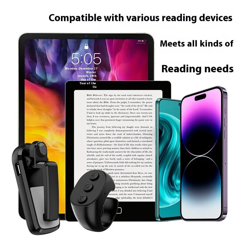 Smart wireless page turner remote control for tablets with clicker devices in black, white, and pink ABS plastic