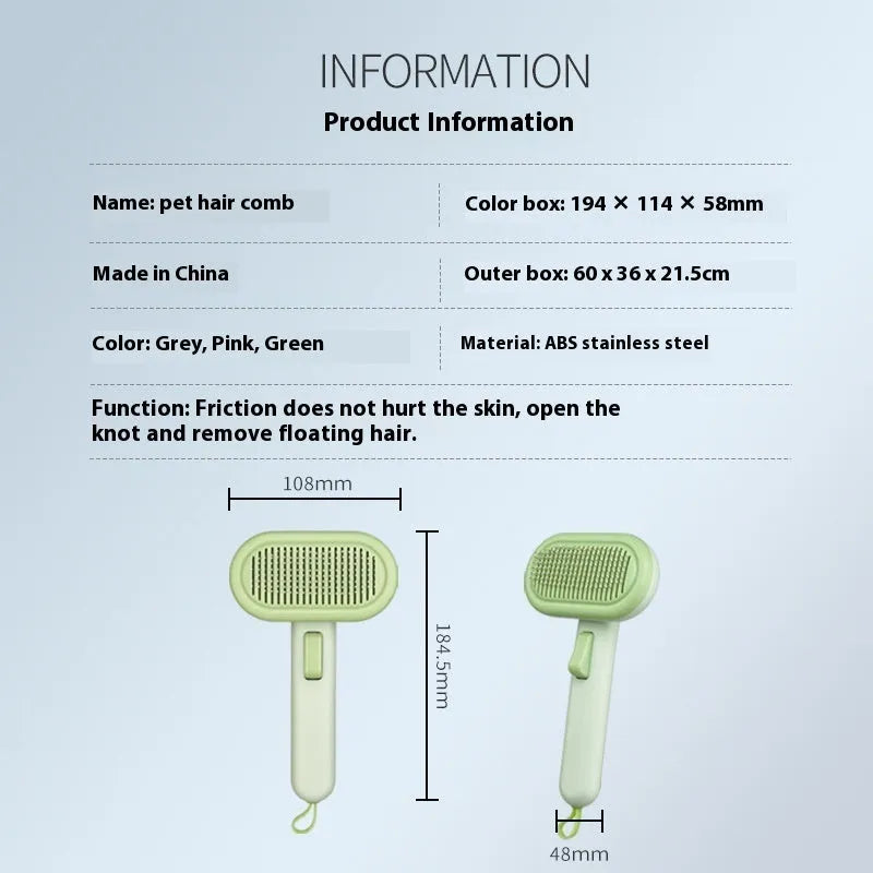 Large cat hair comb with one-click floating shaver for dog pet hair removal and knot untying in light grey.