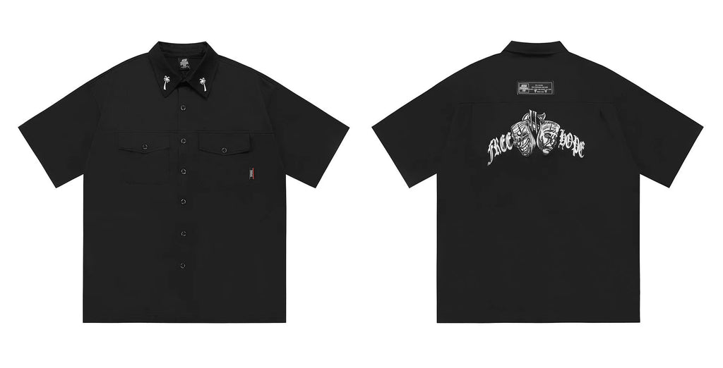 Men's cotton blend loose-fit pocket shirt with embroidery, half sleeve, in black and khaki, sizes M to XXL